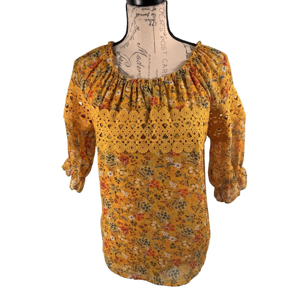 Knit Works Popover Blouse Sz XL 16 Juniors Crochet Lace Trim Boho Puffy Sleeve